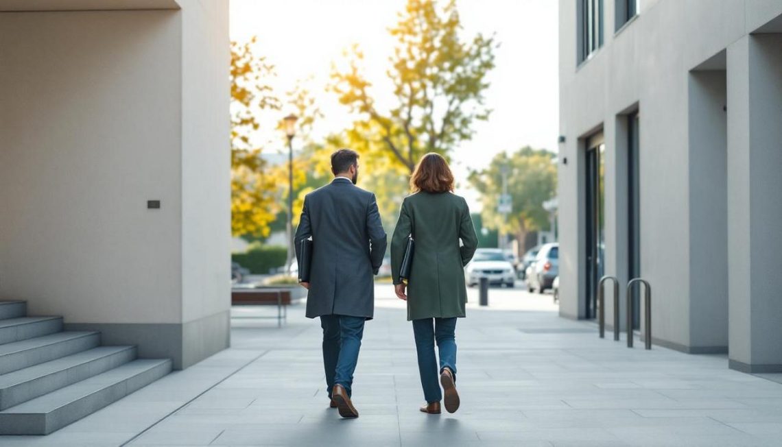 Muškarac i žena u kaputima hodaju gradskom ulicom nose fascikle