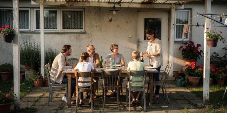 Porodični ručak na terasi dok žena sipa piće za sto