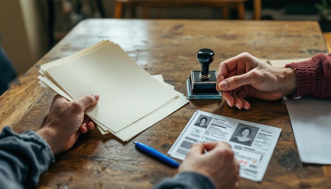 Ruke drže dokumenta i pečat na drvenom stolu