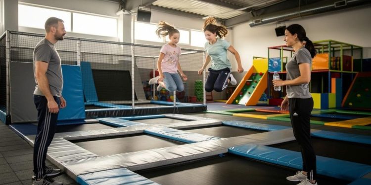 Dvoje devojčica skaču na trampolinima dok dvoje odraslih posmatraju