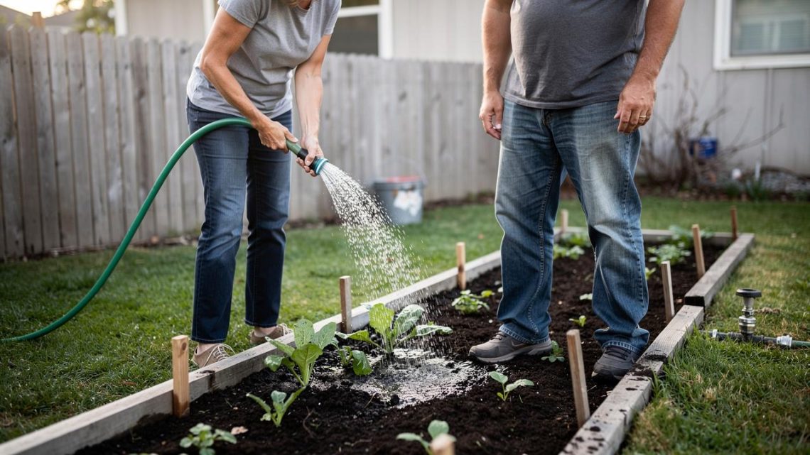 Osoba zaliva povrće baštenskim crevom dok druga stoji pored gredice