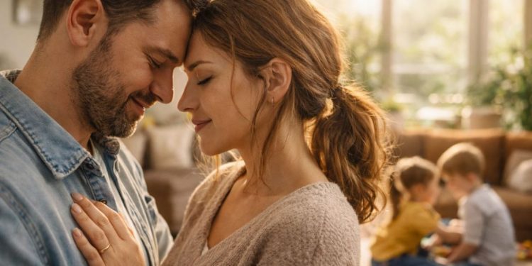 Zagrljeni bračni par, iza se deca igraju.