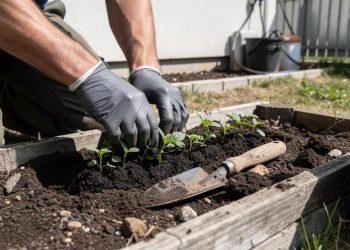 Ruke u rukavicama sade mlade sadnice u drveni povrtni krevet