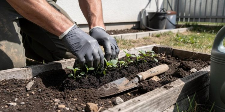 Ruke u rukavicama sade mlade sadnice u drveni povrtni krevet