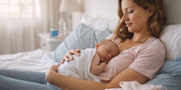 Beba spava na majčinim grudima.