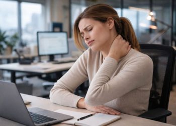 Žena sedi za kancelarijskim stolom i drži se za vrat