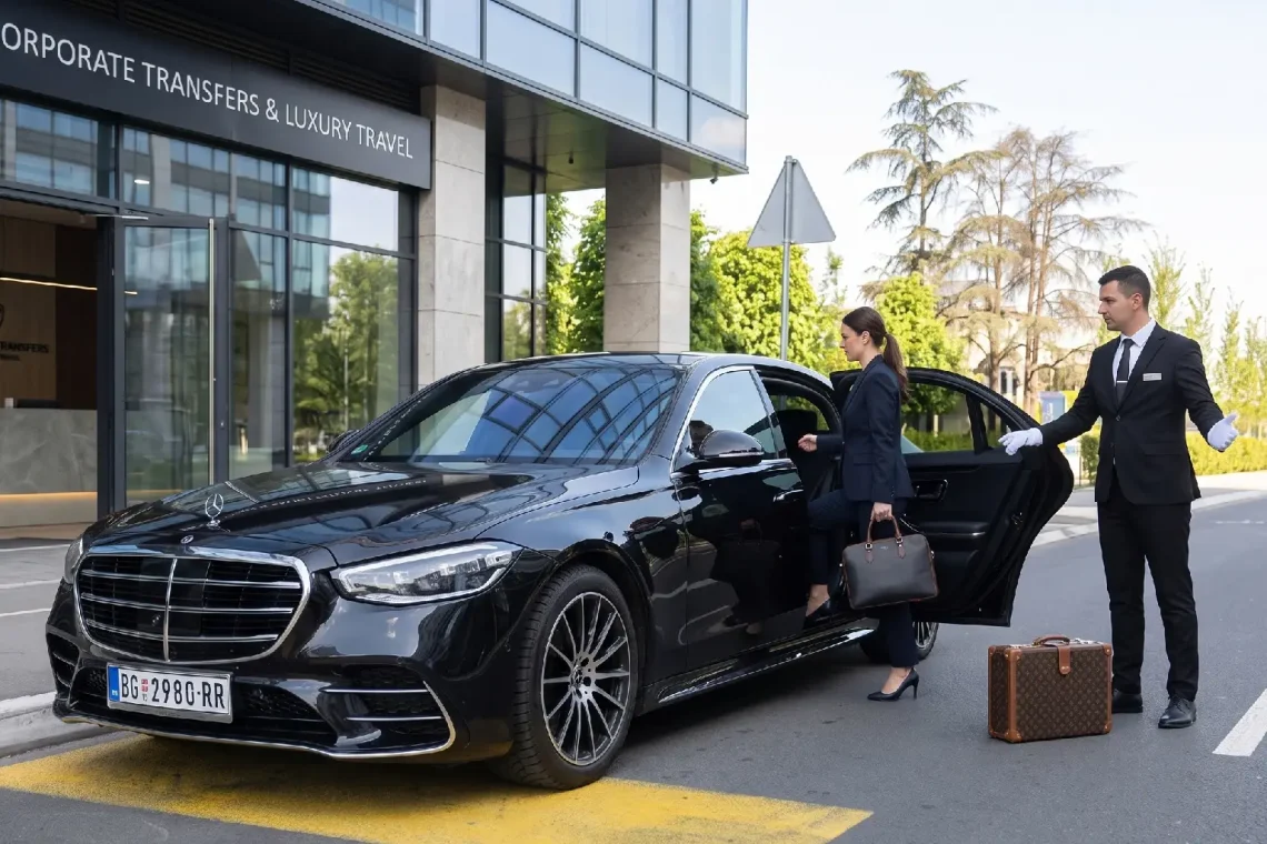 Poslovni ljudi ulaze u mercedes