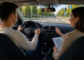 Intruktorka sa polaznikom auto škole u kolima