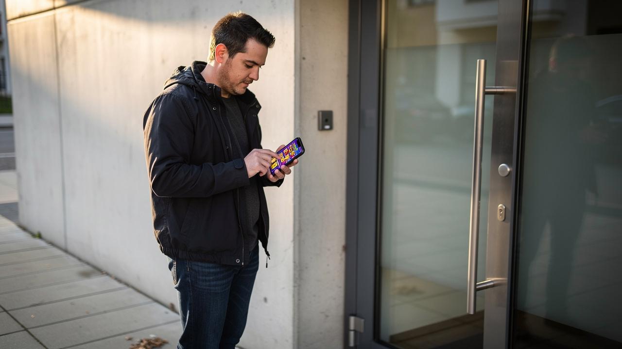 Muškarac stoji pored staklenih vrata i gleda u ekran mobilnog telefona
