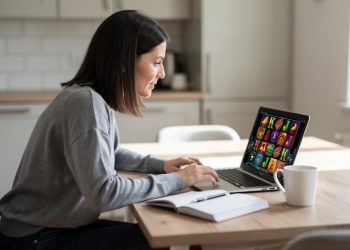 Žena za stolom igra slot igru na laptopu u kuhinji