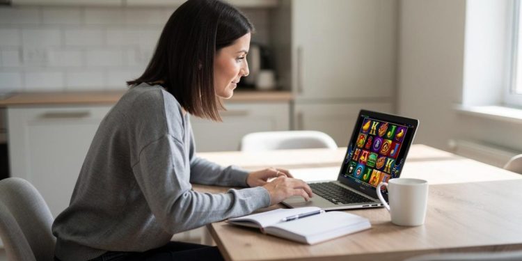 Žena za stolom igra slot igru na laptopu u kuhinji