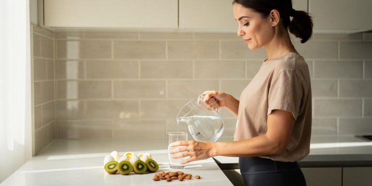 Žena u kuhinji sipa vodu iz bokala u čašu pored presečenih kivija i badema