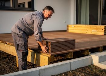 Muškarac slaže tamne drvene daske na konstrukciju terase