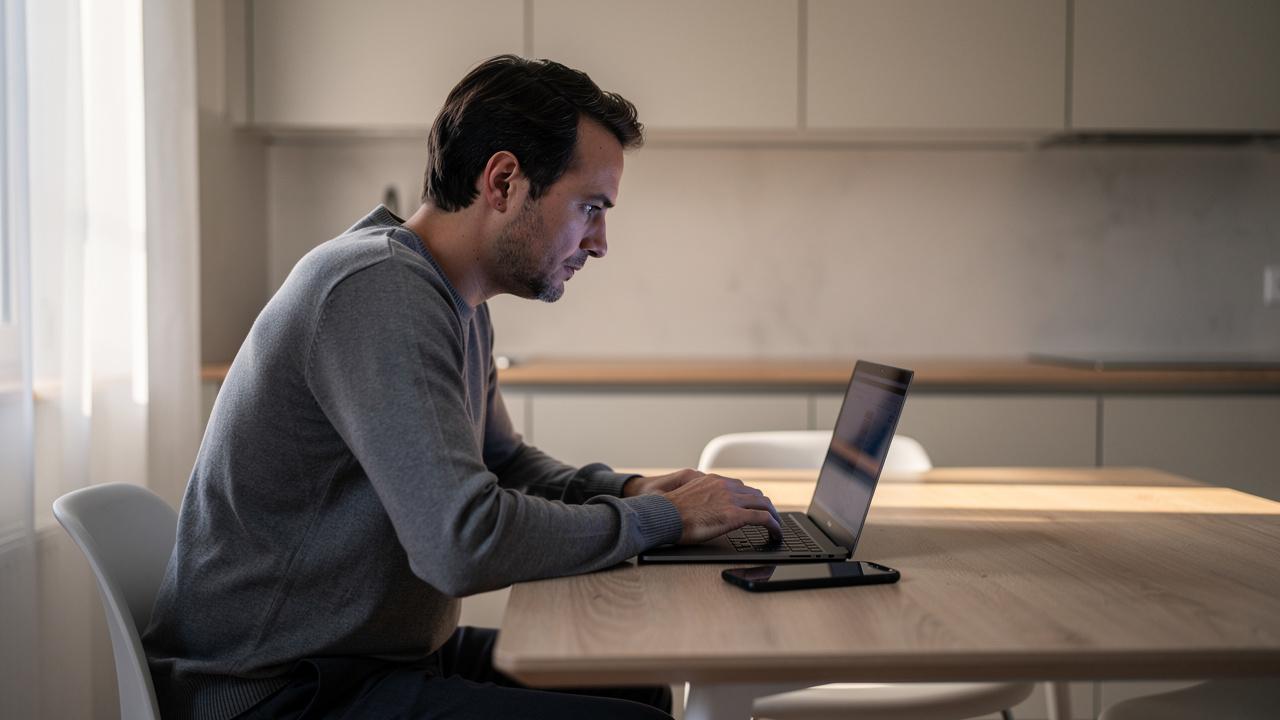 Muškarac sedi za drvenim stolom i radi na laptopu u kuhinji