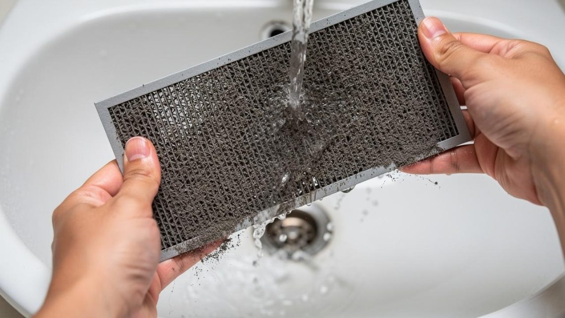 Ruke drže prljav pravougaoni filter dok voda ispira prljavštinu iznad lavaboa