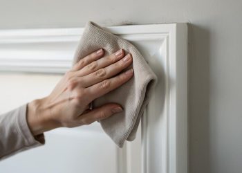 Ruka briše belu lajsnu vrata bež krpom