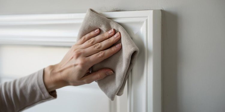 Ruka briše belu lajsnu vrata bež krpom