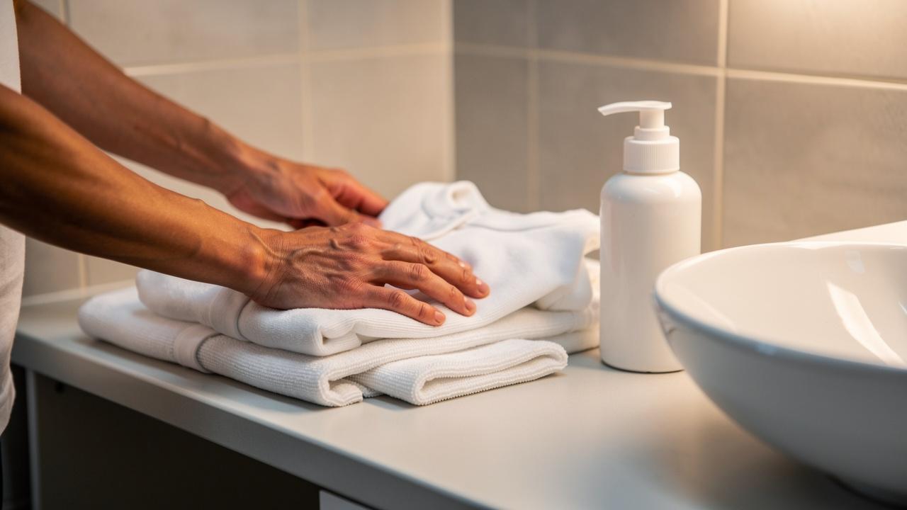 Ruke slažu bele peškire pored bočice sa pumpicom na lavabo.