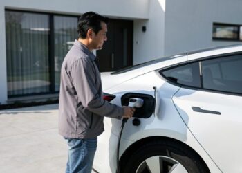 Muškarac priključuje punjač u beli električni automobil ispred kuće