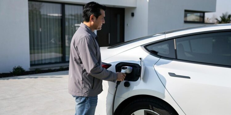 Muškarac priključuje punjač u beli električni automobil ispred kuće